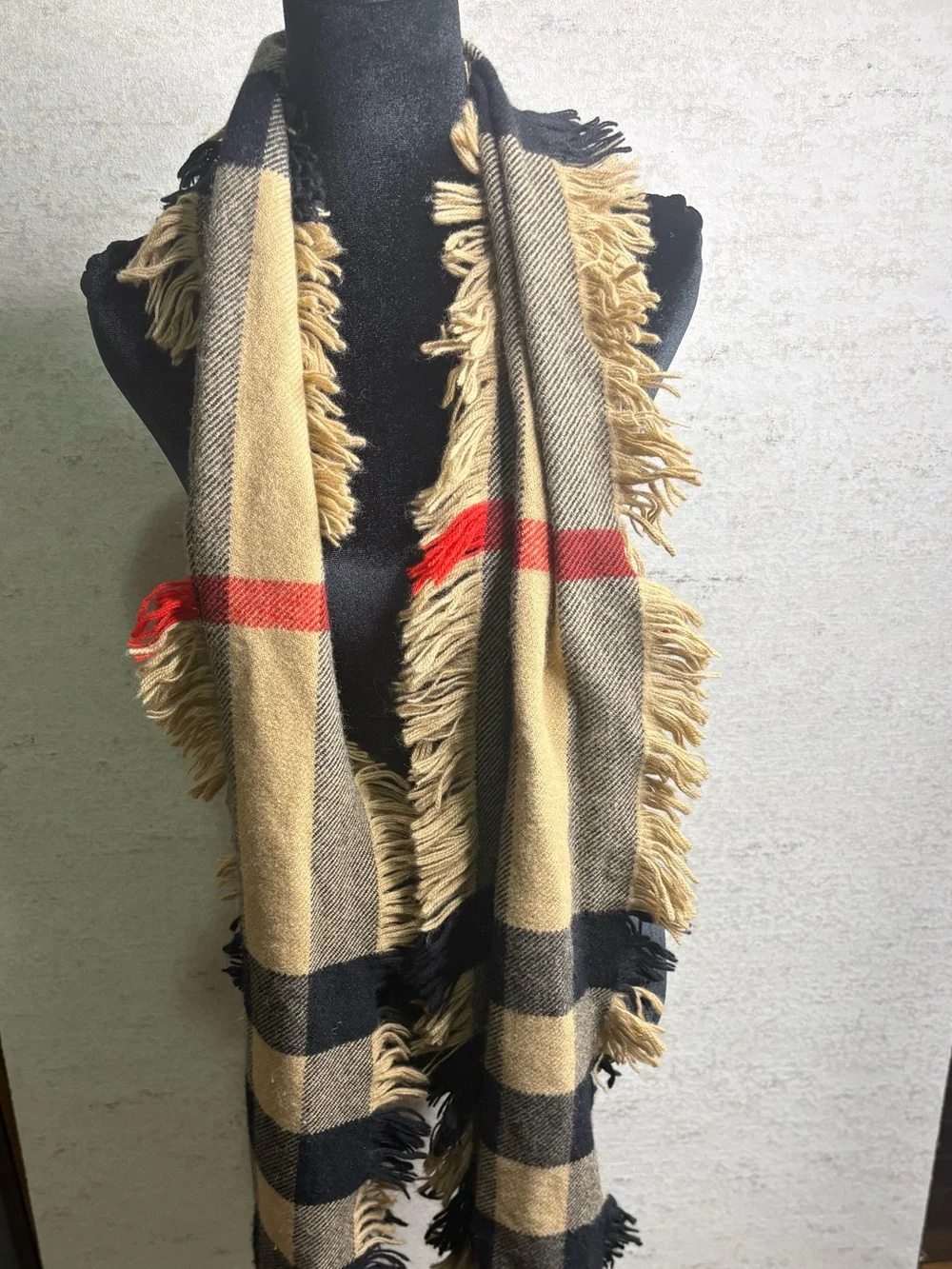 Burberry Scarf Beige, Black & Tan Plaid Fringe Scarf